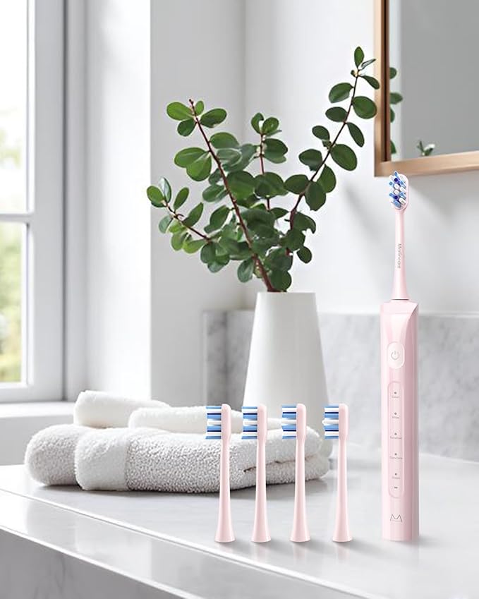 Electric Toothbrush for Adults, Rechargeable Sonic Travel Toothbrush Teens with 4 Brush Heads-180 Days Battery Life, 55000VPM, 5 Modes Smart Timer& Travel Case, Pink