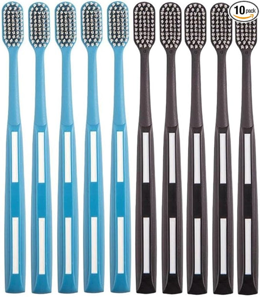 Adult Manual Hard-bristled Toothbrushes with Cover, Wide Head Medium Size,Hard Blue and Black Toothbrush 10 Count (1 Pack)