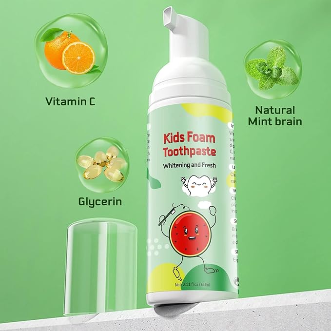 Foam Toothpaste Kids,Toddler Toothpaste with Low Fluoride & Natural Formula to Reduce Plaque, Kids Toothpaste for U Shaped Toothbrush for Children Ages 3 Plus (120 ML, Watermelon & Blueberry)