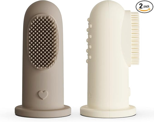 Moonkie Baby Toothbrush Finger Toothbrush Oral Cleaner Kit for 3 Months +, 2 Pcs (Warm Taupe/Ivory)