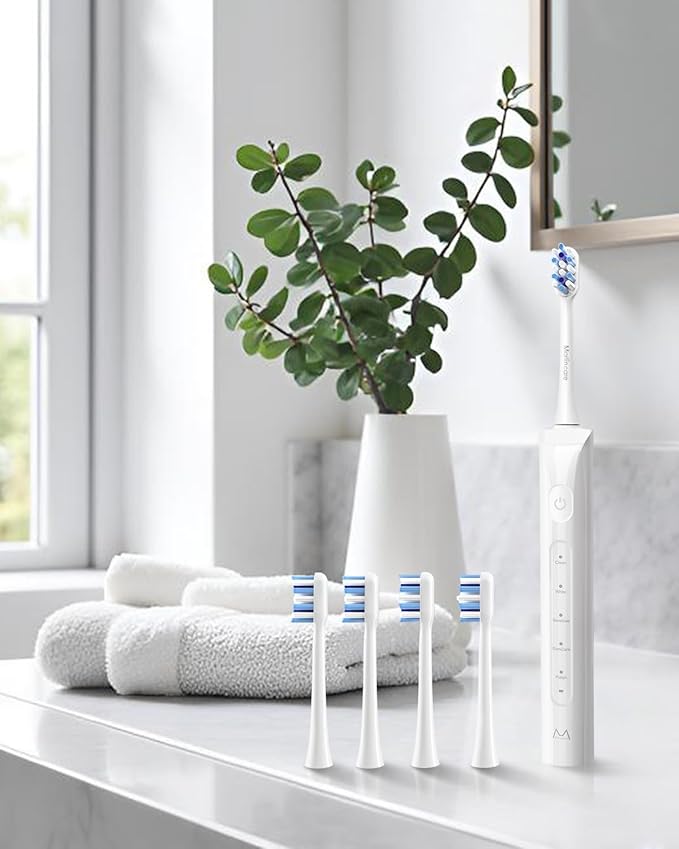 Electric Toothbrush for Adults, Rechargeable Sonic Travel Toothbrush Teens with 4 Brush Heads-180 Days Battery Life, 55000VPM, 5 Modes Smart Timer& Travel Case, White