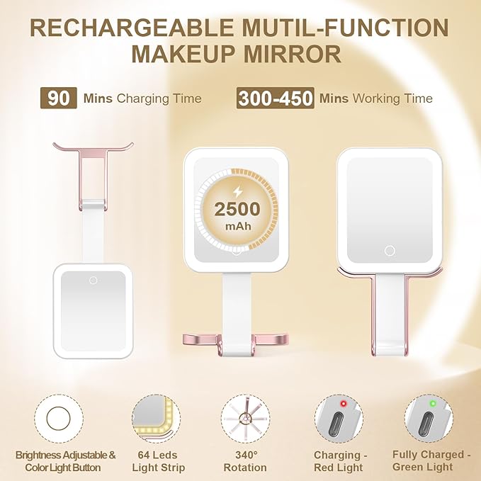 Mocado Travel Makeup Mirror with Lights,10X/1X Magnifying Mirror with Light, Double Sided Travel Mirror with 3 Color Light,Dimmable Touch,Lighted Makeup Mirror for Tabletop,Handheld,Hanging(Rose Gold)