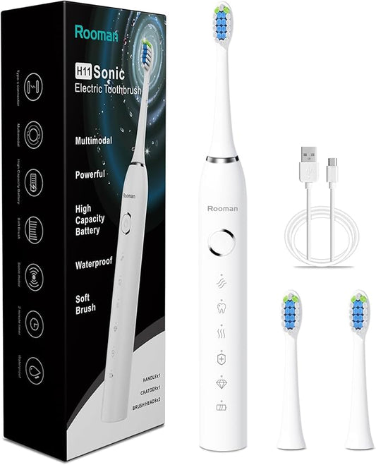 Rooman Electric Toothbrush for Adults, 20000 VPM, 5 Cleaning Modes, 90-Day Battery Life, Built-in Smart Timer, IPX7 Waterproof Rechargeable Toothbrush, 2 Interchangeable Brush Heads (White)
