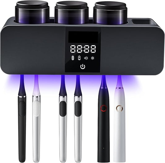 3 in 1 Toothbrush Cleaner Holders for Bathrooms,Wall Mounted Toothbrush Holders with Drying and Cleaning,Smart LED Screen,6 Toothbrush Slots,3 Cups and Toothpaste Dispenser (Deep Grey)