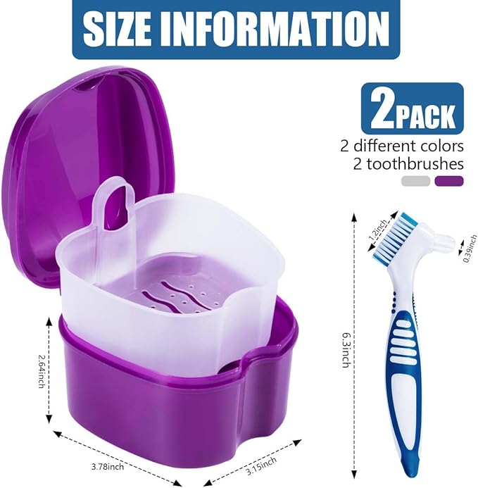 2 Pack Denture Bath Case Cup Box Holder Storage Container with Denture Cleaner Brush Strainer Basket for Travel Cleaning (White and Purple)
