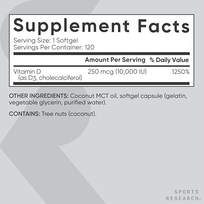 Sports Research 10,000 iu Vitamin D3 Supplement with Organic Coconut Oil - Vitamin D for Strong Bones & Immune Health - Supports Calcium Absorption - Non-GMO - 250mcg, 120 Mini Softgels for Adults