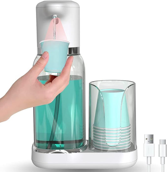 Luvan Automatic Mouthwash Dispenser for Bathroom, 25oz(750ml) Smart Mouthwash Dispenser with Cup Holder, Infrared Sensor and 2 Dispensing Levels, Rechargable Mouth Pumb Dispenser for All Age Groups