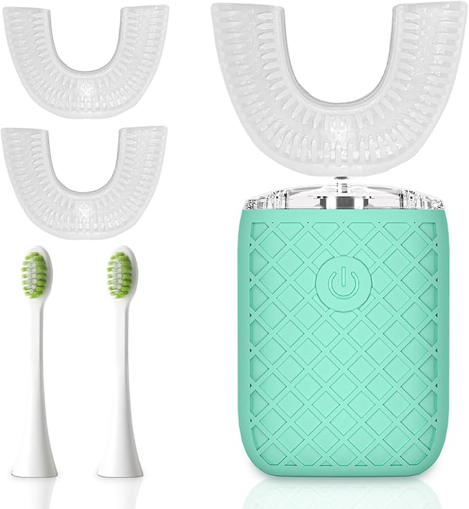 Adult Sonic Automatic Electric Toothbrush, 360° Oral Cleaning Stain Whitening, IPX7 Waterproof Rechargeable, u-Shape Brush Head*3+Straight Handle Brush Head*2 (Green)