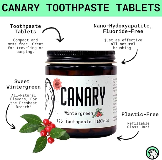 Canary Nano Hydroxyapatite Toothpaste Tablets Wintergreen - Remineralizing, Fluoride Free, All Natural Tabs with Xylitol - Great for Travel, Plastic Free - 126 Count