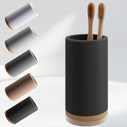 Matani Bamboo Toothbrush Holder Diatomite Tooth Brush Organizer - Storage Stand for Small Bathroom & Counter - Removable Base & Drain Holes, Water-Absorbent & Quick-Drying (Black Holder)
