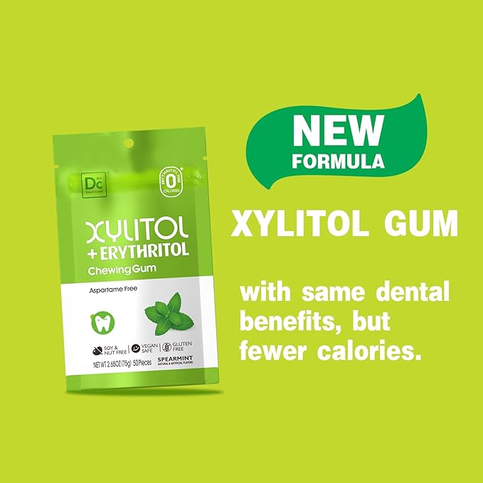 DC24 DAILY CARE Gum, Aspartame Free & Sugar Free, Xylitol Chewing Gum with Erythritol, Low-Calorie, Sugarless, Spearmint, 50 Pieces (Pack of 1)
