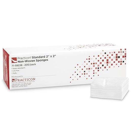 Practicon Standard 2X2 Non-Woven Gauze Sponges, Lint Free 4-Ply Gauze Pads, Non-Sterile, All Purpose for Dental, Medical, First Aid, Cleaning, Wound Care & Dressing, 1 Pack of 200 Sponges