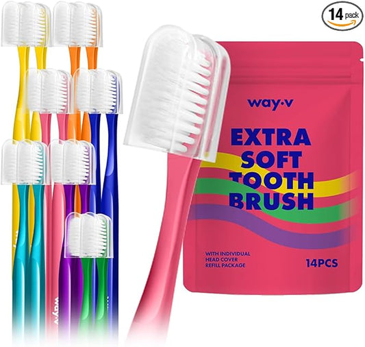 Way.V Extra Soft Toothbrush 7 Pack for Sensitive Gums and Teeth 3000 Ultra Gentle Bristles Brushes with Hygienic Head Covers Friendly Dentist Recommended BPA Free - Family Refill Pink 14 Pack