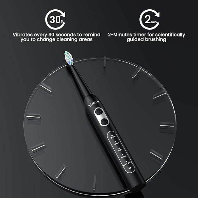 YUNCHI Electric Toothbrush for Adults and Kids, Sonic Rechargeable Toothbrushes with 8 Brush Heads, 1 Travel Case, 90 Days, 2 Min Timer, IPX7 Waterproof, 5 Modes, Type-C, 40000 VPM Motor, Black