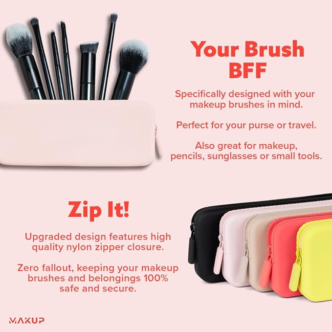 MAKUP Silicone Makeup Bag, Makeup Brush Holder with Zipper for Organizing Cosmetics, Makeup Brushes, Tools and Pencils, Washable Makeup Brush Holder Pouch for Travel (Pink Sand)