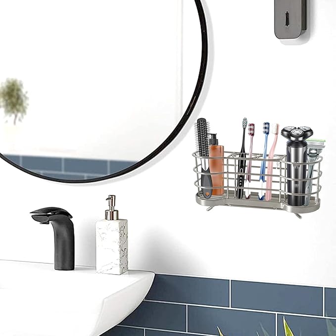 Wall Mount Toothbrush Holder for Shower Stainless Steel Toothbrush Stand, Self-Adhesive Wallmount/Countertop 4 Slots Bathroom Accessories Organizer (Silver)
