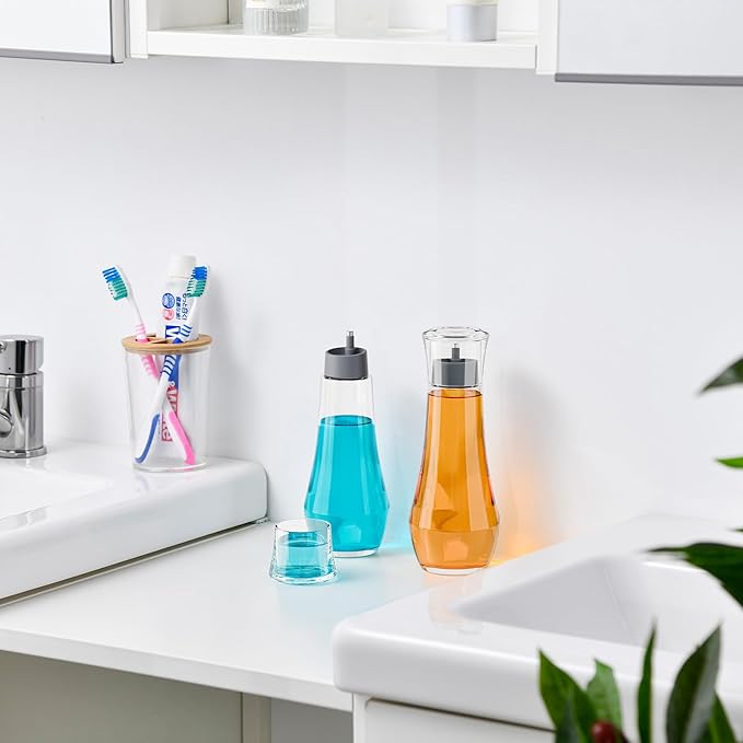 VITVITI Glass Mouthwash Dispenser for Bathroom, 8.8OZ Mouth Wash Container Bottle with Lid Cup, Small Clear Refillable Mouthwash Dispenser Decanter for Countertop, Set of 2, Gray