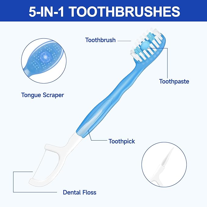 5 in 1 Mini Disposable Toothbrushes with Toothpaste Individually Wrapped Portable Travel Toothbrush with Toothpaste + Tongue Scraper + Picks+Floss Travel Case (Mint, 26)