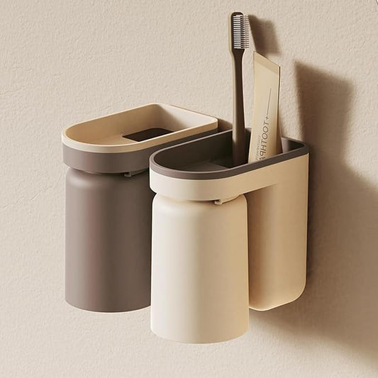 Toothbrush Holder Wall Mounted with Cup,2-in-1 Toothbrush Holders & Cups Set,Inverted Design for Easy Cleaning and draining,Stick-on Toothbrush Holder for Bathroom (Beige+Coffee)