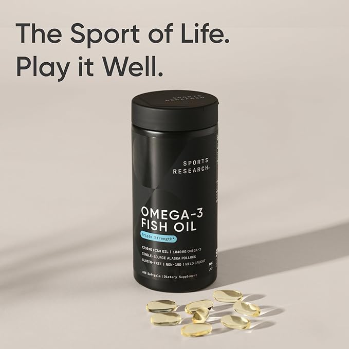 Sports Research Triple Strength Omega 3 Fish Oil - Burpless Fish Oil Supplement w/EPA & DHA Fatty Acids from Single-Source Wild Alaskan Pollock - 1250 mg, 180 ct