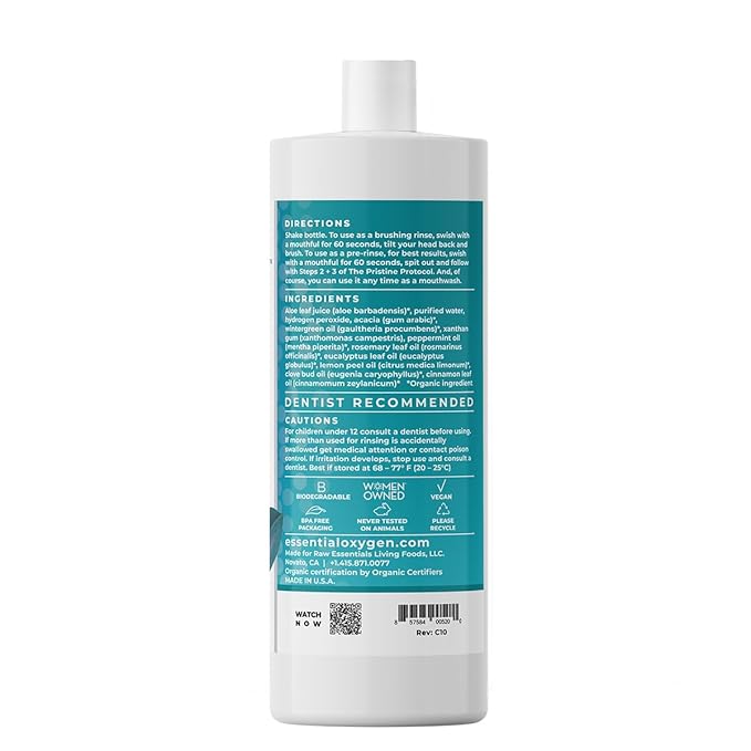 Essential Oxygen Certified BR Organic Brushing Rinse, All Natural Mouthwash for Whiter Teeth, Fresher Breath, and Happier Gums, Alcohol-Free Oral Care, Wintergreen, 32 Ounce