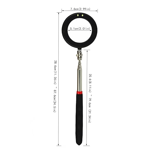 Telescoping Inspection Circular Mirror with 2 LED Light and Mirror on a Stick and Extendable Mechanic Tool for Automotive,50mm Circular Mirror 360 Swivel for Extra Viewing