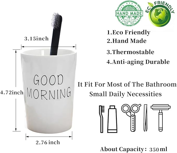 Kelake White Ceramic Tumbler Cup for Bathroom Toothpaste Toothbrush Holders Water Milk Drinks Cup 350 ml Bathroom Good Morning Couples Cup for Christmas Birthday