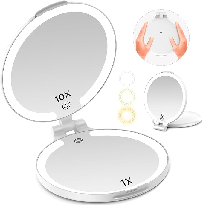 FUNTOUCH 7'' Travel Makeup Mirror with Lights 10X Magnifying, 3 Color Portable Double Side Vanity Compact Mirror with Rechargeable for Travel Essential, Gifts for Lover