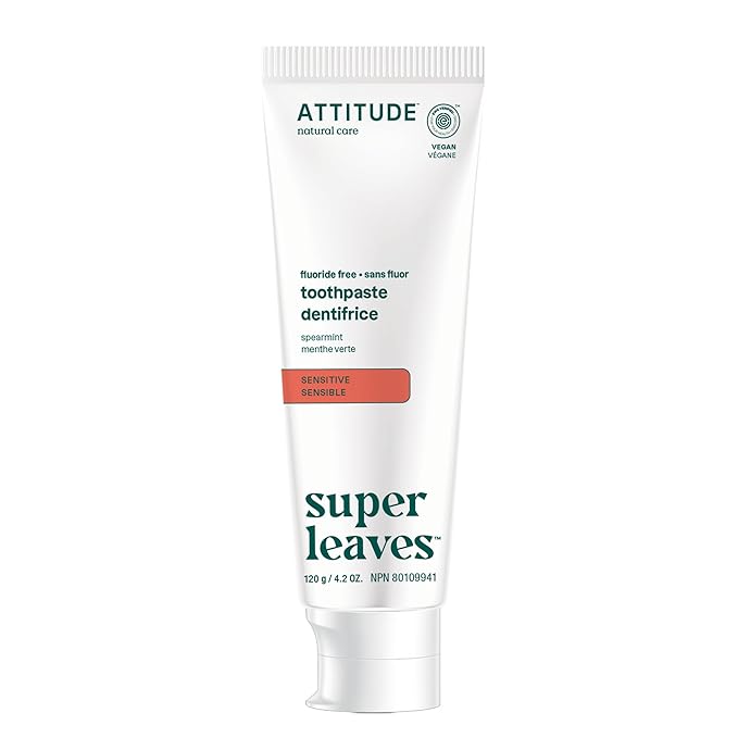 ATTITUDE Fluoride-Free Sensitive Toothpaste, Spearmint Flavor, Vegan & Cruelty-Free, Sugar-Free, Plant & Mineral-Based Ingredients, Clean Oral Care, 4.2 Oz