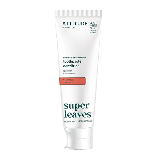 ATTITUDE Fluoride-Free Sensitive Toothpaste, Spearmint Flavor, Vegan & Cruelty-Free, Sugar-Free, Plant & Mineral-Based Ingredients, Clean Oral Care, 4.2 Oz