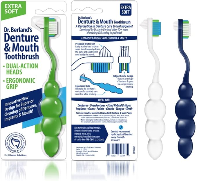 Dr. B Dental Solutions Ergonomic Denture Toothbrush Extra Soft Bristles, Removes Stains & Odor Precision Design for Implants & Overdentures Single White Pack