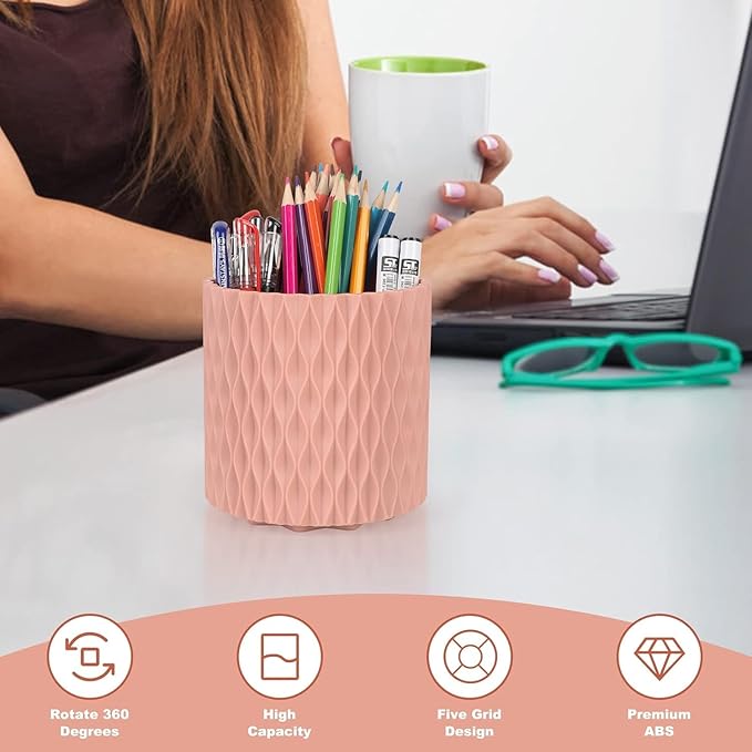 Makeup Brush Holder Organizer-360° Rotating Makeup Brush Storage,Pencil Pen Holder Cup,Desk Accessories,5 Slot Make up Brushes Cup, for Vanity Desktop Bathroom Countertop(Pink
