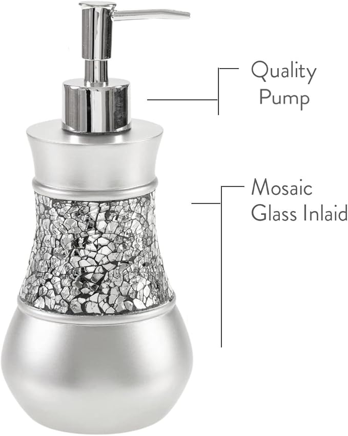Creative Scents Crackled Glass Silver Bathroom Accessory Set - 4 Piece Bathroom Sets Accessories Included: Soap Dispenser, Toothbrush Holder, Tumbler and Soap Dish