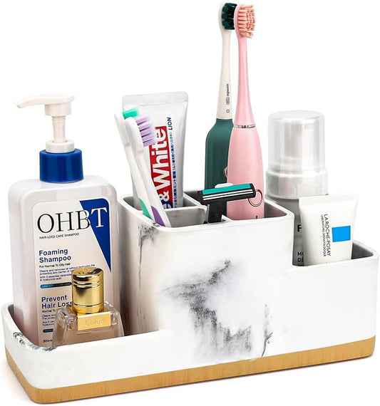 Toothbrush Holder for Bathrooms, Bathroom Organizer Countertop, Rectangle 5 Compartment Bathroom Accessories Storage for Toothpaste/Shaver and Other Items,White Resin of Marble Color (White)
