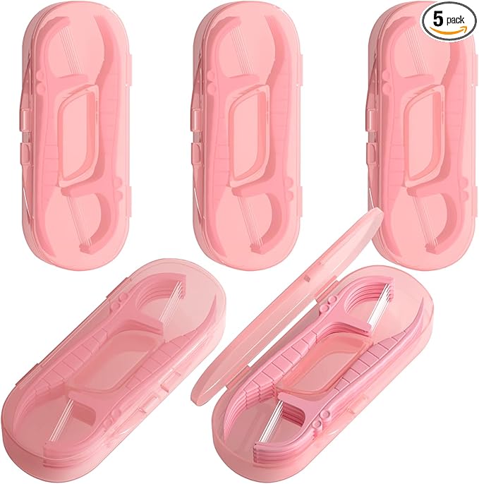 Holy Rose Pink Dental Floss Picks with Micro Travel Case - 5-Box Pack (10 Double String Flossers Each) - Easy Teeth Clean for Adults, Perfect for Home and On-The-Go Flossing