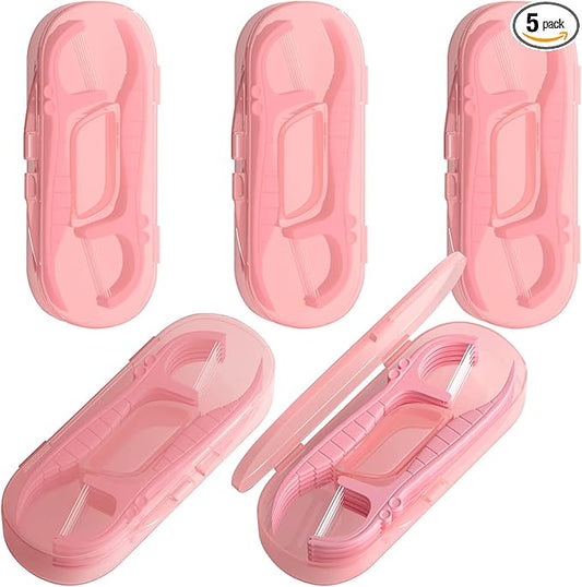 Holy Rose Pink Dental Floss Picks with Micro Travel Case - 5-Box Pack (10 Double String Flossers Each) - Easy Teeth Clean for Adults, Perfect for Home and On-The-Go Flossing
