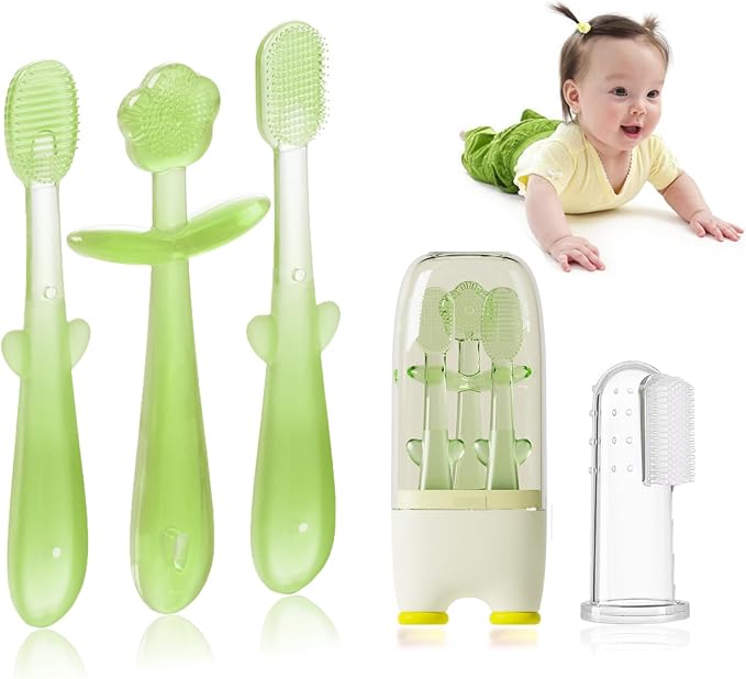 FOKiiBO Baby Silicone Toothbrush Set, Tongue Brush + Finger Toothbrush with Cup for Training Teething, 0-18M Infant Toddler Newborn Baby Teeth Brushes