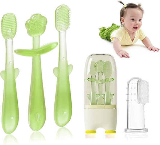 FOKiiBO Baby Silicone Toothbrush Set, Tongue Brush + Finger Toothbrush with Cup for Training Teething, 0-18M Infant Toddler Newborn Baby Teeth Brushes