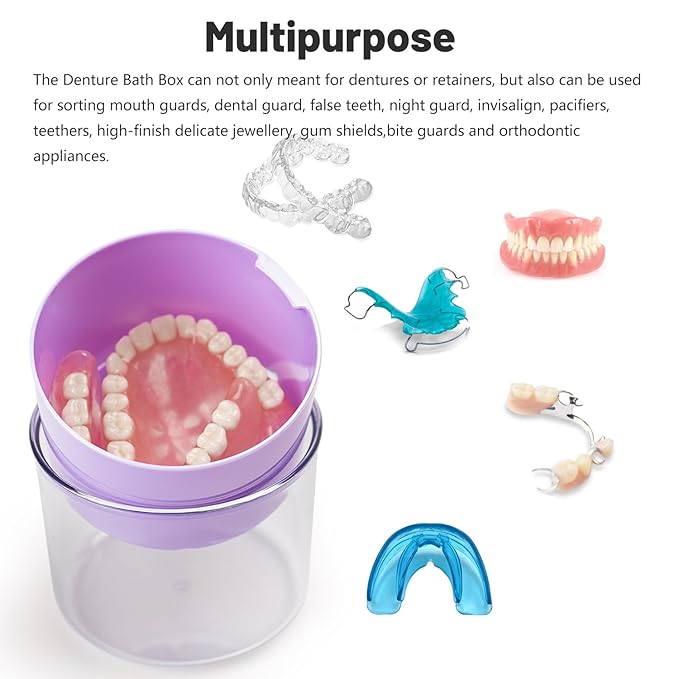 Denture Case, Leak Proof Denture Bath Cup, Full & Partial Denture Clean Holder Box with Strainer, Denture Brush, Denture Soaking Container Cups for Dentures, Retainers, Mouth Guard Case (Purple)