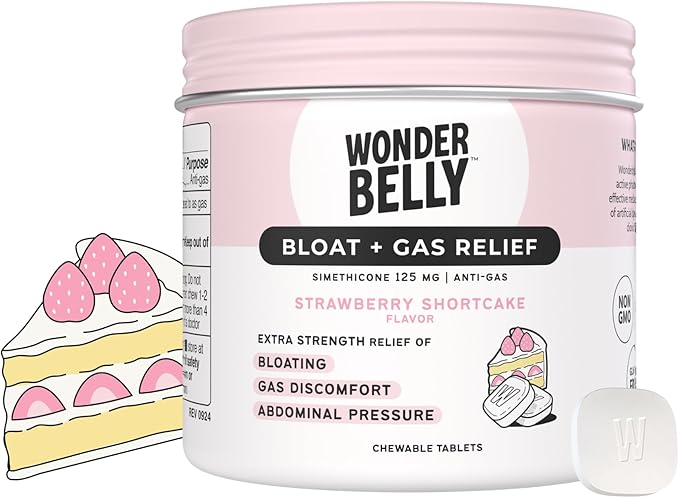 Wonderbelly Bloat Gas Relief Extra Strength Chewable Tablets with 125 mg Simethicone No Talc or Dye Strawberry Shortcake 35 Count