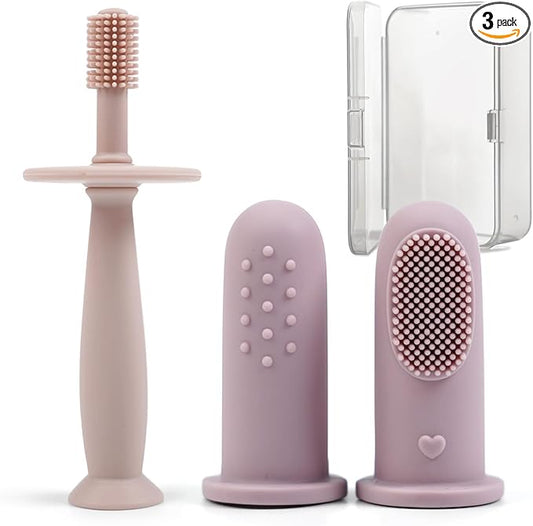 BumbleBee 360° Silicone Toothbrush & Finger Toothbrush Set - Soft Silicone Toothbrush for Baby, Infant Toddler - Baby Training Toothbrush Set Oral Care Kit - Pink Purple