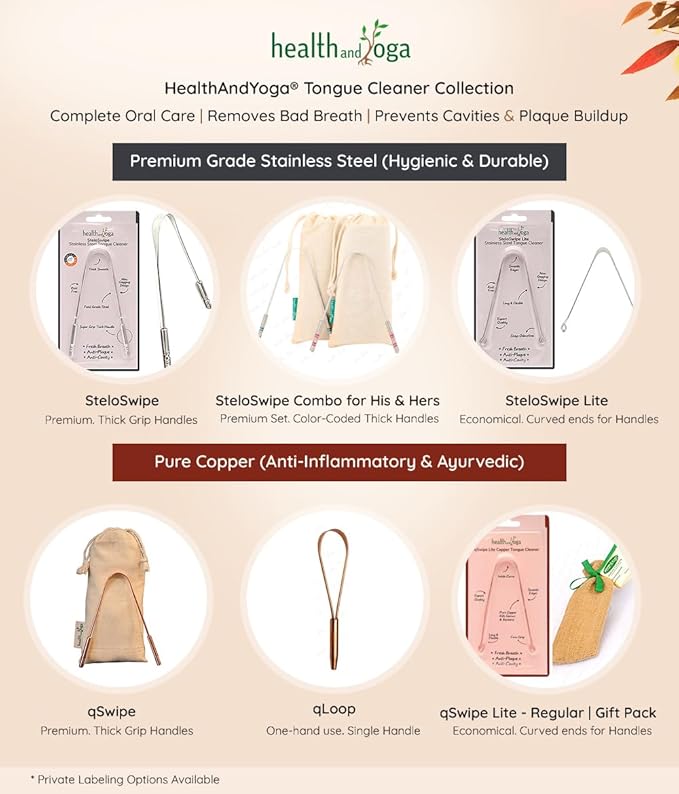 HealthAndYoga™ Tongue Cleaner Scraper with Storage Bag - Hygienic, Surgical Grade, Non-Synthetic Grip – Sterilizable Tongue Brush Cleaner (Surgical Steel - 2 Pack)