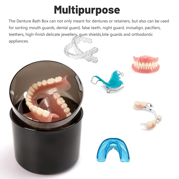 Denture Case, Leak Proof Denture Bath Cup, Full & Partial Denture Clean Holder Box with Strainer, Denture Brush, Denture Soaking Container Cups for Dentures, Retainers, Mouth Guard Storage Case -Black