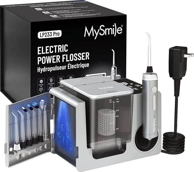 MySmile LP233 Pro UVC Sterilizable Countertop Water flossers for Teeth 800ML Digital Display Electric Oral Irrigator with a Water Filter 3 Modes and 6 Jet Tips (Lightning Silver)