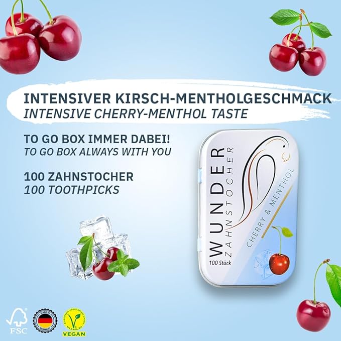 Wonder Toothpick - Flavoured toothpicks - Chewing Gum Plastic-Free - Stop Nail Biting - Fresh Breath with Flavoured toothpicks - Teeth Cleaning to go - Sugar-Free, Vegan (Cherry/Menthol)