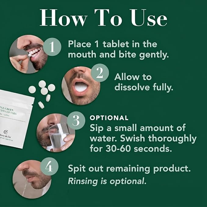 Terra & Co. Gentle Green Mouthwash Tablets – 10 Travel Sachets with 6 Fluoride-Free Tabs Each – Nano-Hydroxyapatite for Oral Health – TSA-Compliant, Plastic-Free, Mint Flavor, Eco-Friendly