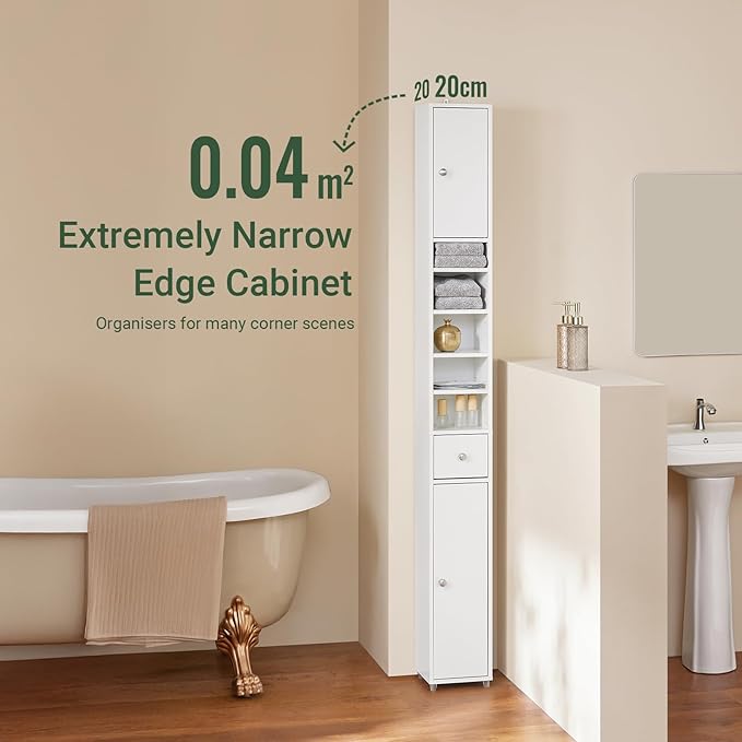 SoBuy Bathroom Narrow Storage Cabinet, Skinny Tall Unit with Adjustable Shelves Slender, Bathroom Organizers and Storage, Anti-Tipping Floor Standing Cupboard Laundry Room, White BZR34-W