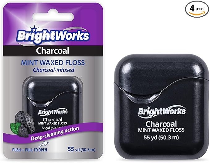BrightWorks Activated Charcoal Dental Floss - 55 Yards (Pack of 4) - Infused Waxed with Natural Fresh Mint Flavor for Oral Care, Dental Hygiene, and Gum Health
