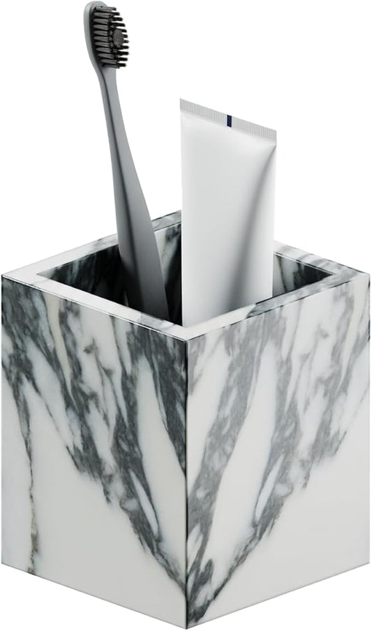 Marble Toothbrush Holder – 4.1" Genuine Stone Bathroom Cup for Makeup Brushes, Pens & Utensils | Natural Marble Organizer for Vanity, Countertop & Home Décor (Arabescato White & Grey)