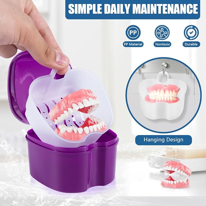 Purple Denture Bath Case Cup Box Holder Storage Container with Denture Cleaner Brush Strainer Basket for Travel Cleaning